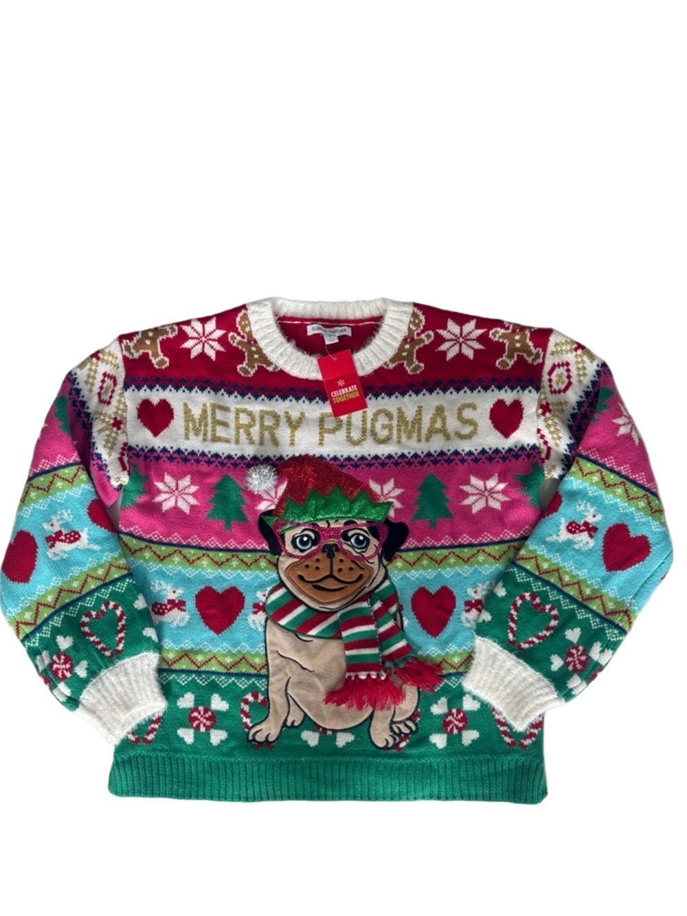 Christmas Holiday Pugmas Sweater Long Sleeves Knit Pug Dog Size Medium - Picture 4 of 17